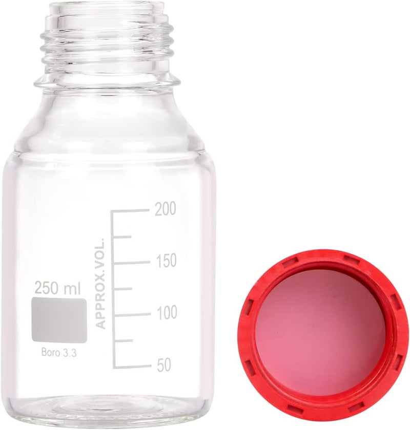 Pastein 4 Pieces 250ml Graduated Round Reagent Media Storage Lab Bottles with GL45 PBT Red Screw Cap, 3.3 Borosilicate Clear Glass - Image 3